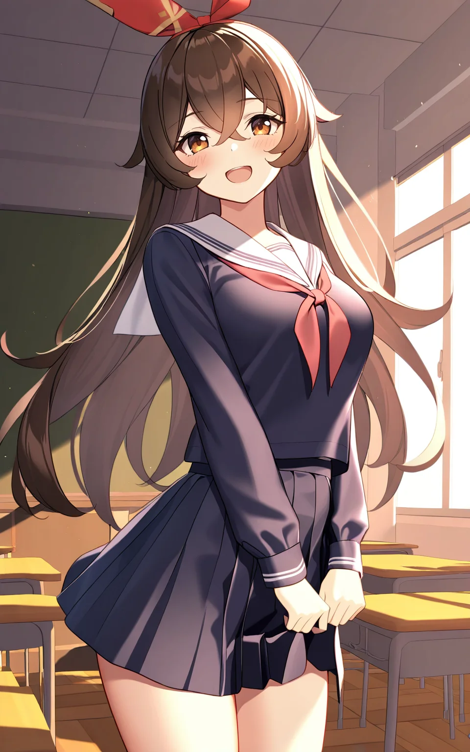masterpiece:1.2, detailed, 1girl, solo, ambergenshin, long hair, blush, open mouth, smile, happy, bangs, brown hair, ribbon, hair between eyes, brown eyes, medium breasts, hair ribbon, school uniform, serafuku, classroom, (cowboy shot), indoors, looking at viewer, <lora:ambergenshin:1>
