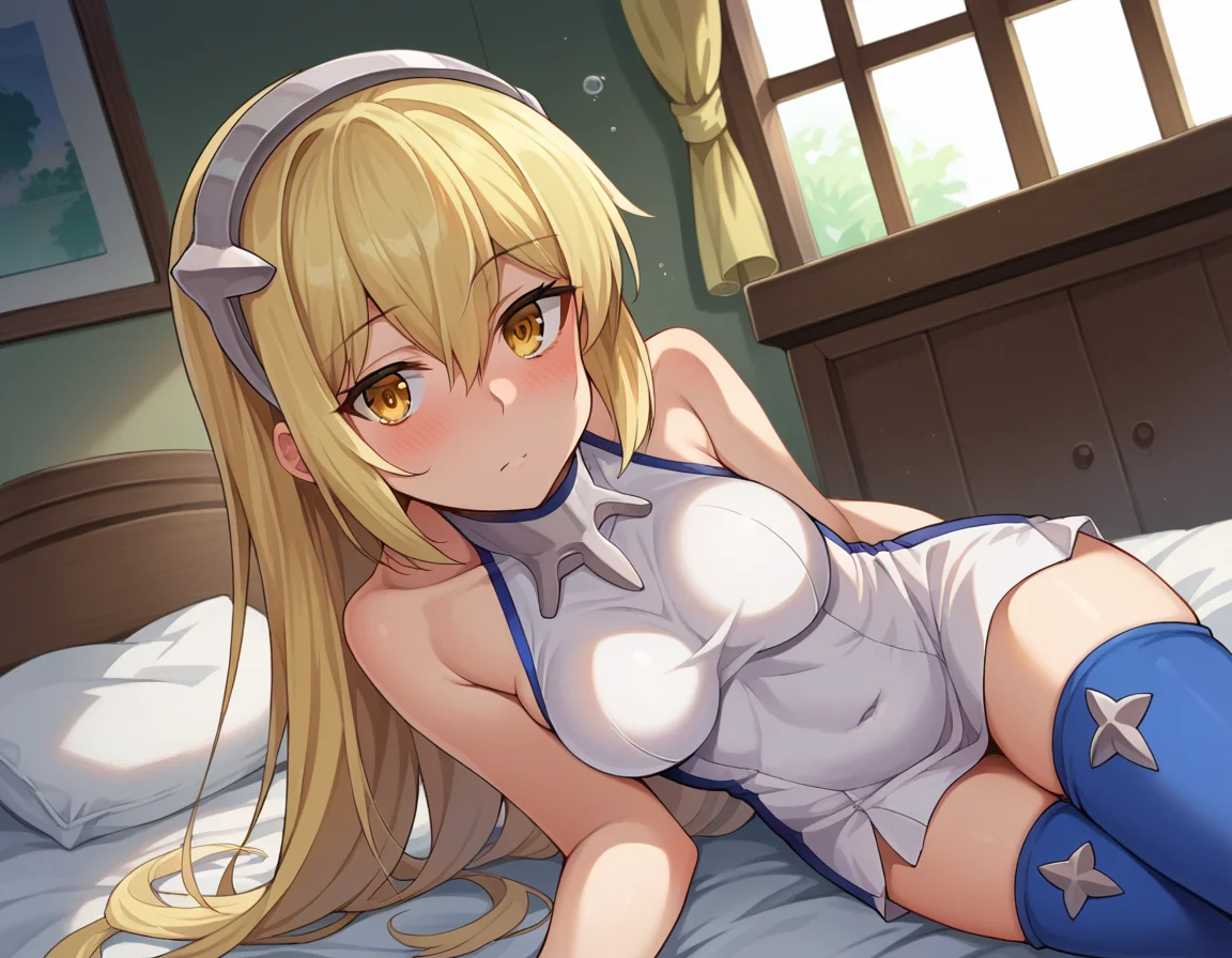 score_9, score_8_up, score_7_up, source_anime,
aizwallenstein, <lora:aiz-wallenstein-ponyxl-lora-nochekaiser:1>,
aiz wallenstein, blonde hair, hair between eyes, hairband, long hair, yellow eyes, sidelocks,
blue thighhighs, covered navel, dress, multicolored clothes, multicolored dress, taut clothes, taut dress, thighhighs,
indoors, bed, bed room, on side, blush, drunk,
looking at viewer, dutch angle, cowboy shot,