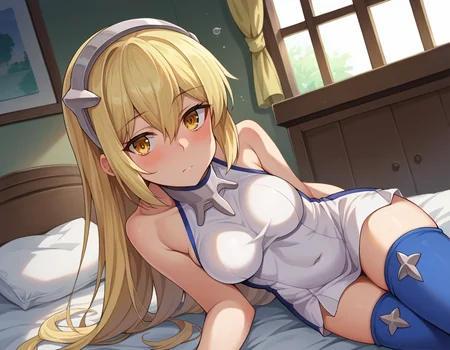score_9, score_8_up, score_7_up, source_anime,
aizwallenstein, <lora:aiz-wallenstein-ponyxl-lora-nochekaiser:1>,
aiz wallenstein, blonde hair, hair between eyes, hairband, long hair, yellow eyes, sidelocks,
blue thighhighs, covered navel, dress, multicolored clothes, multicolored dress, taut clothes, taut dress, thighhighs,
indoors, bed, bed room, on side, blush, drunk,
looking at viewer, dutch angle, cowboy shot,