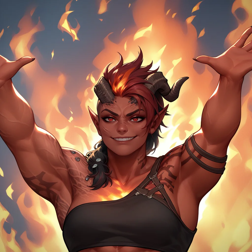 score_9, score_8_up, score_7_up, 1girl, arms up, fire, outstretched arms, upper body, <lora:ElmoRiseMeme_pdxl_Incrs_v1:1>, burning, <lora:KarlachBG3PDXL_V1-Manityro-adamw:1> KarlachBG3, demon girl, colored skin, slit pupils, tattoo, scars, muscular, toned, Red eyes, crop top, smirk,