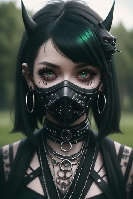 goth_punk, portrait  of goth, 1girl, solo, she riding green farm tracker, ((morning)), bokeh, neon light, iridescent eyes, sunny sky, long jet black hair, goth eyebrow, glowing hair, (iridescent black hair), earrings, bangs, spike choker, jewelry, mask, blunt bangs, green eyes, mouth mask, farm Iowa background, blurry, hair ornament, looking at viewer, short hair, portrait, sidelocks, easynegative, negative_hand, fantfa