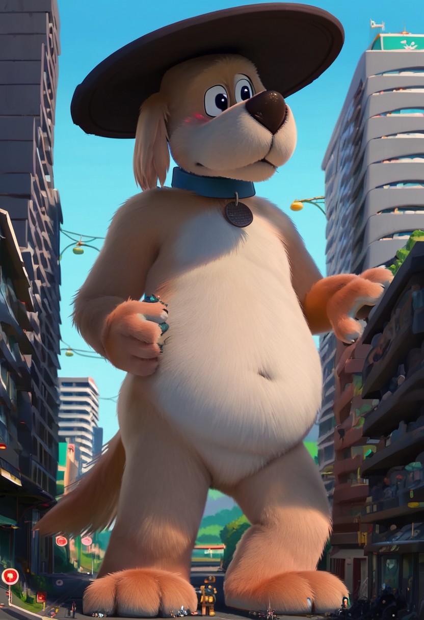 score_9, score_8_up, score_7_up, score_6_up, solo focus, 1male, larger body, (Manhole Dog, Go Dog Go), blue collar, (beige fur, beige belly)), manhole shaped tag, manhole cover on his head, tail, ((anthro, anthro dog, dog body)), (black eyes), Perfect paws, 1male, (source_furry), full body, solo, anthro, detailed fur, slightly chubby, detailed eyes, massive butt, low angle view, ((macro)), ((giantess)), outdoors, ((sunshine)), ((sunny day)), ((bright light)), in the city, (shrunken city :1.3), (shrunken cityscape:1.2), micro cityscape, full detailed city, destruction, mass destruction, full body, perfect face, focus on furry, shy face, blushing, (sexy perfect face), looking at viewer, sexy, highly detailed, Expressiveh, perfect eyes, barefeet, big feet, landscape, masturbation, orgasm face, blue sky, daytime,