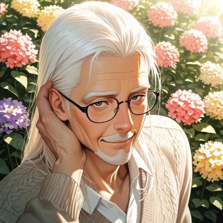 masterpiece, best quality, amazing quality, absurdres, newest, detailed background, definition so sharp, Ultra-HD, 8K cinematic, very awa, impressionate, amazing quality, highres,
solo, male focus, manly,
daikakukokujouji, lieutenant_white hair, lieutenant_brown eyes, 1boy, old man, looking at viewer, warm smile, long hair,wearing glasses \(on nose\), casual clothing, cardigan, outdoor setting, blooming garden, sunlight, peaceful, kind, approachable, comforting, joyful, grandfatherly