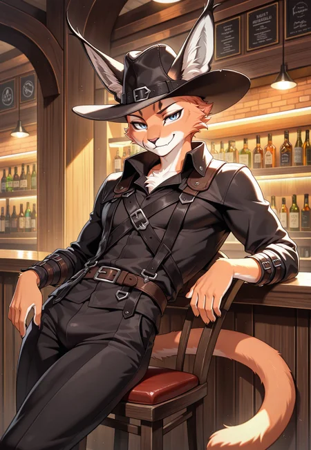 masterpiece, best quality, good quality, high resolution, highly detailed, ultra-detailed, absurdres, very aesthetic, fantasy setting, detailed background, bar, 1 guy, solo, (caracal), anthro feline, body fur, detailed fur, rogue outfit, tricorn hat, leaning back on the chair, looking at viewer, arrogant smirk,