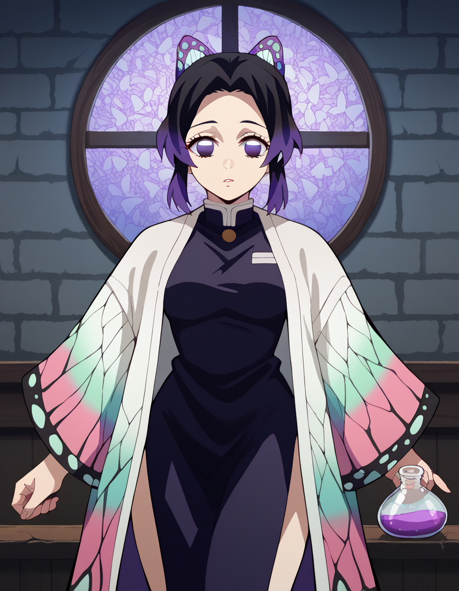 score_9, score_8_up, score_7_up, source_anime, <lora:shinobu-kochou-anime-ponyxl-lora-nochekaiser:1>, shinobu kochou, animal print, black hair, butterfly, butterfly hair ornament, butterfly print, forehead, gradient hair, hair ornament, haori, multicolored hair, parted bangs, purple hair, short hair, two-tone hair, medium breasts, <lora:wizard-ponyxl-lora-nochekaiser:1>, wizard, wizard hat, robe, dress, long sleeves, gloves,, indoors, bricks, potion, flask, vial,, cowboy shot,