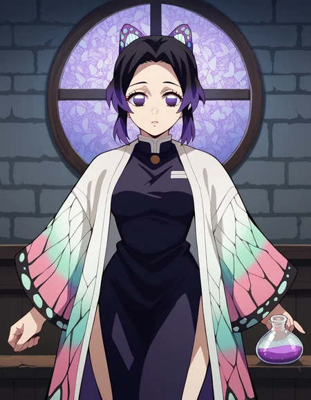 score_9, score_8_up, score_7_up, source_anime, <lora:shinobu-kochou-anime-ponyxl-lora-nochekaiser:1>, shinobu kochou, animal print, black hair, butterfly, butterfly hair ornament, butterfly print, forehead, gradient hair, hair ornament, haori, multicolored hair, parted bangs, purple hair, short hair, two-tone hair, medium breasts, <lora:wizard-ponyxl-lora-nochekaiser:1>, wizard, wizard hat, robe, dress, long sleeves, gloves,, indoors, bricks, potion, flask, vial,, cowboy shot,