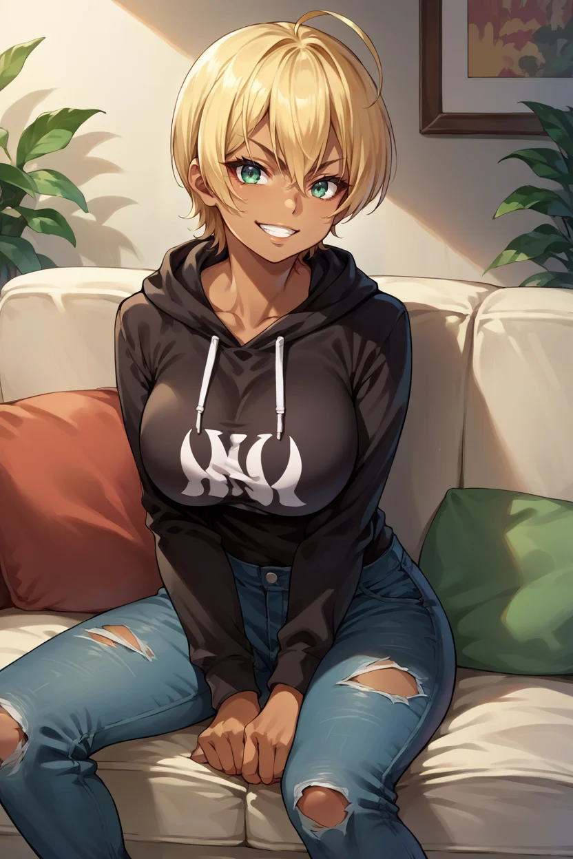 score_9, score_8_up, score_7_up, score_6_up, source_anime, 1girl, solo <lora:ikumimito-pdxl-nvwls-v1-000005:1> mito ikumi, blonde hair, short hair, ahoge, dark-skinned female, black hoodie, torn jeans, sitting, couch, looking at you, grin, large breasts