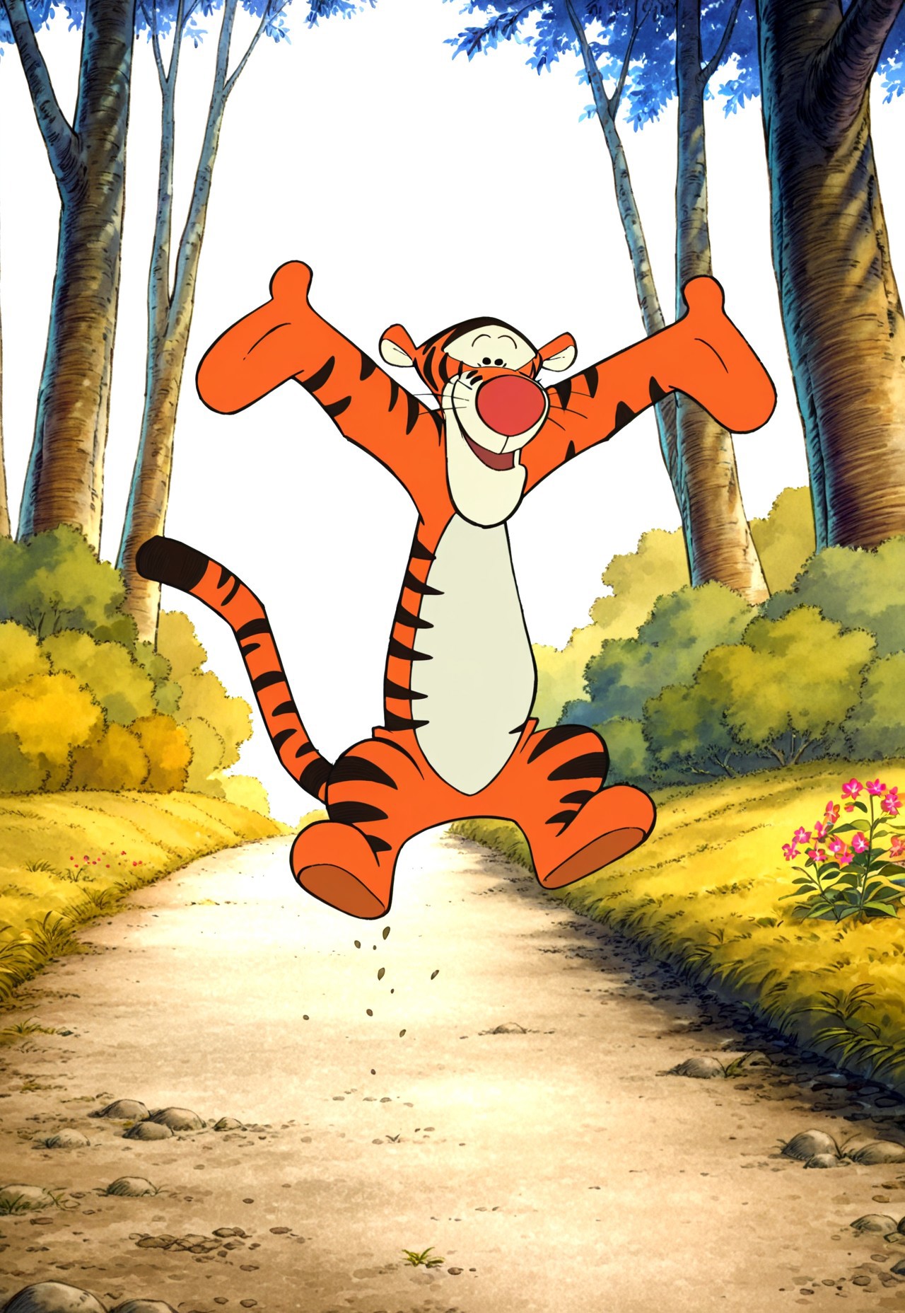 masterpiece, absurdres, highres, (anime screencap:2, anime coloring:2), official art, accurate art style, very aesthetic, flat colors, official screencap, style parody, proper proportions, WinnieThePooh_Character_And_Style, The Tigger Movie, retro artstyle, 2000s \(style)\, sketchy lines, BREAK, 1boy, Tigger, tiger stripes, tiger print, whiskers, black eyes, looking at viewer, jumping, smiling, bouncing, happy, BREAK, detailed background, outdoors, forest, trees, dirt path, bushes, flowers, BREAK, full body, cowboy shot, BREAK, vibrant colors, bloom, vignette, cinematic lighting, 75% soft lighting, 25% dark lighting