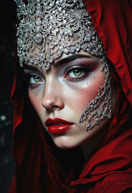 Studio Ghibli Dark Fairytale, A woman with dramatic, glamorous makeup. Hyperrealistic portrait. Close-up view of a woman with sparkling, silver, rhinestone-encrusted headpiece cascading down her face. Emphasis on the eyes, with shimmering, iridescent eyeshadow and sparkly liner, creating a dramatic, almost theatrical effect. Lips are painted with a rich, glossy, crimson red lipstick that draws attention to the full mouth. The color palette is primarily deep reds, silver, and greens (blurred background color). Her skin is smooth and porcelain-like. Lighting is soft but highlights the contours of her face and makeup. Impressionistic blurring of the background. Detailed realistic portrayal of makeup texture and jewelry. DARK moody