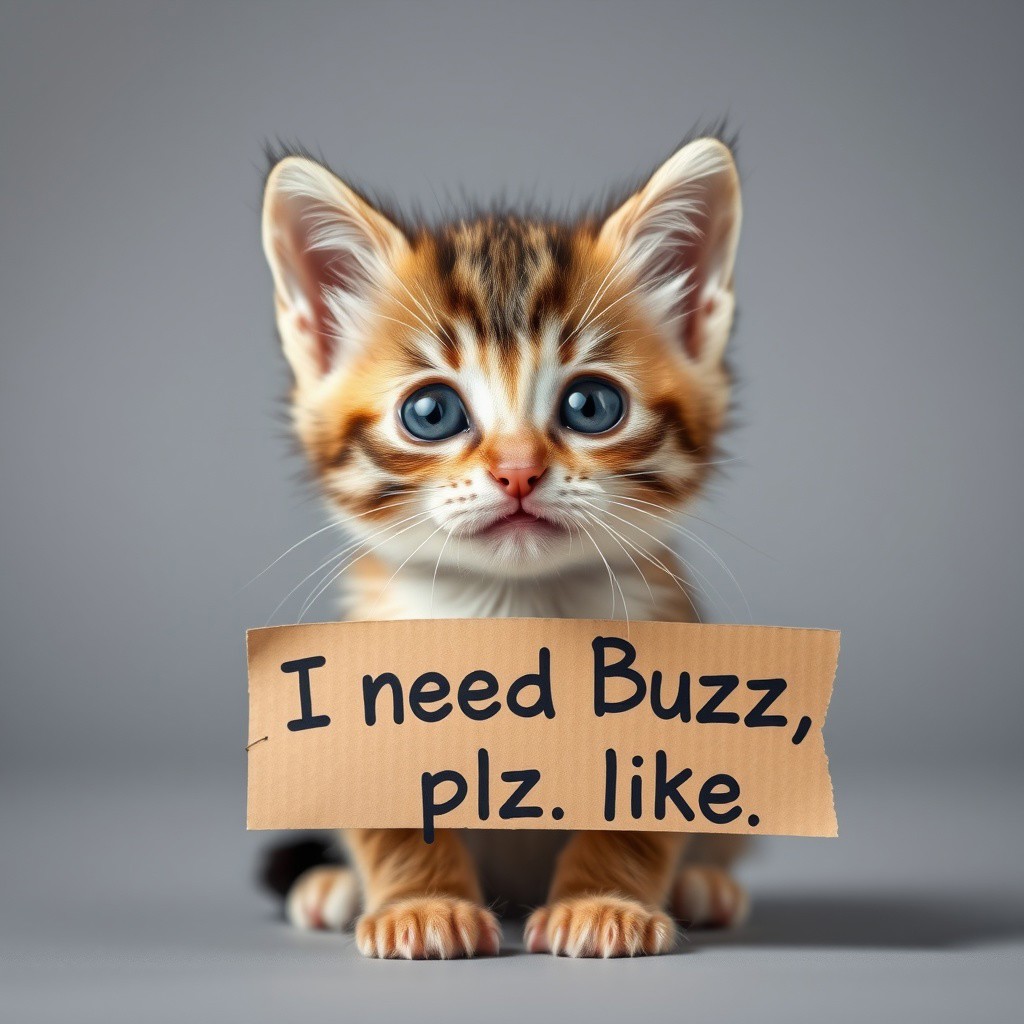 Cute baby kitten with a cardboard banner that reads: "I need Buzz, plz like"