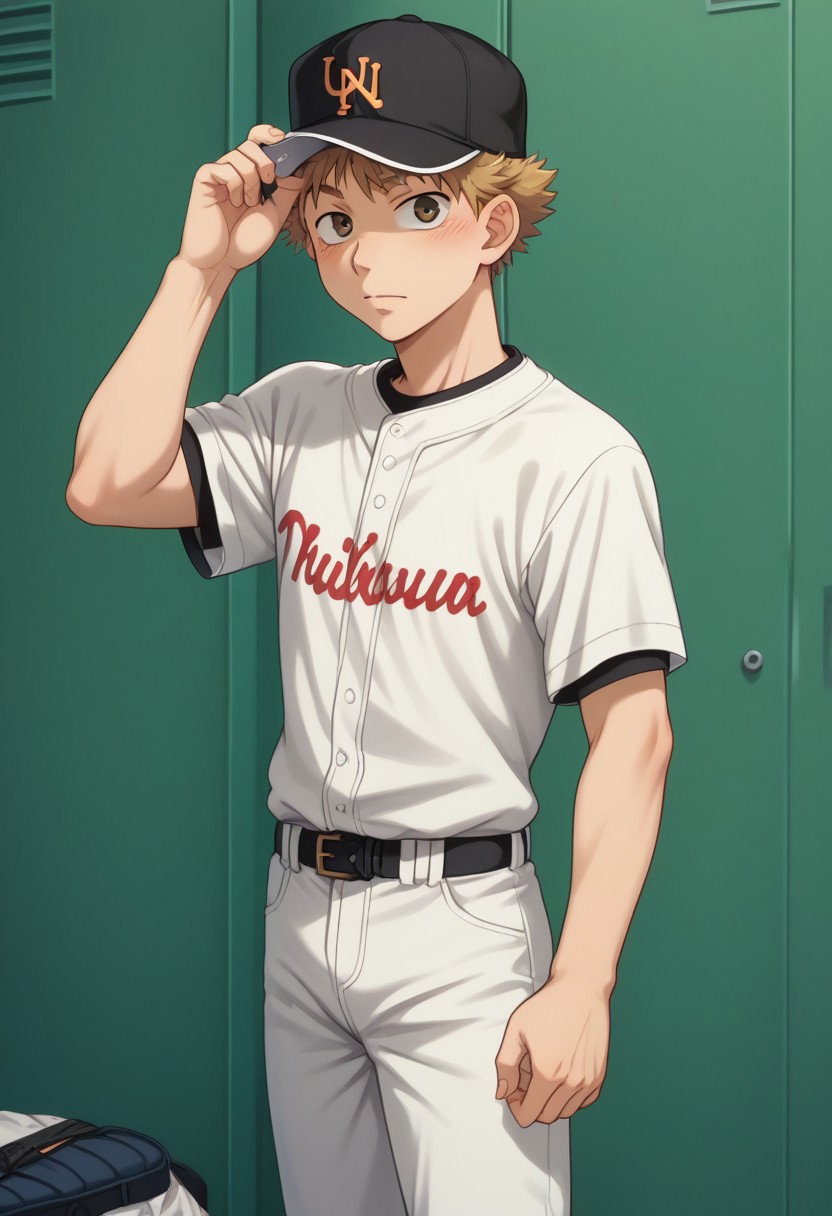 score_9, score_8_up, score_7_up, source_anime, highly detailed, 
mihashi, 1boy, male focus, baseball uniform, hat, solo, sportswear, baseball cap, white pants, looking at viewer, short hair, blush, pants, headwear removed, brown hair,
standing, hat removed, brown eyes, shirt, adjusting headwear,