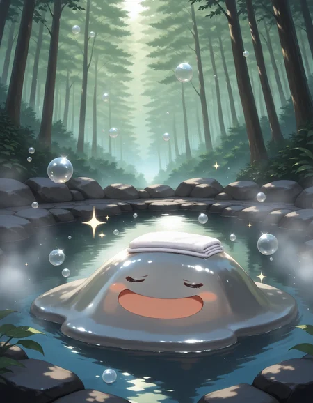 masterpiece,extreme detailed BREAK 1other,no humans,no_legs,day,outdoors,forest,
BREAK hagurin,:D,slime \(creature\),sparkle,bubble,<lora:hagurin-NAI:1>,bath,bathing,onsen,towel on head,steam,in water,closed eyes,relaxing,^_^,