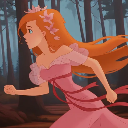 giselle2d, running through forest, 1girl, long orange hair, flowers in hair, blue eyes, off-shoulder pink dress, see-through sleeves, red ribbon around waist, profile