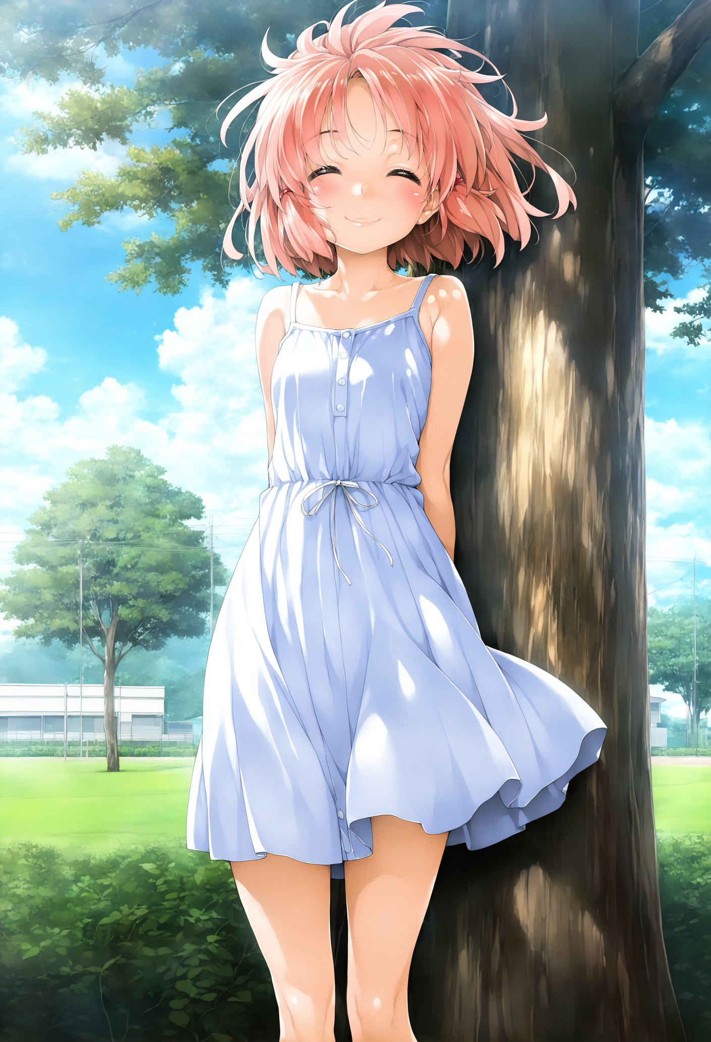 masterpiece,best quality,amazing quality,anime screencap,anime coloring,absurdres,very aesthetic,
<lora:Ishikei Style-IL V1:1>,Ishikei Style,
1girl,solo,wind,outdoors,under tree,smile,^ ^,dress,