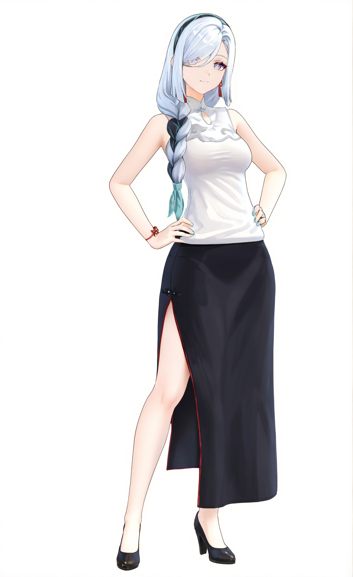 score_9, score_8_up, score_7_up, score_6_up, 8k, 
8k, best quality, masterpiece, (ultra-detailed), (high detailed skin), white background, simple background, 
(full body), (white background), standing, looking at viewer, (solo), hand on hip, 
<lora:ganshenxian-kohaku-Tanger-000010:0.8>, shenhe \\\(genshin impact\\\), Shenhe's casual clothes, 1girl, long hair, hair over one eye, braid, breasts, shirt, black skirt, 
full_shot, <lora:xl_figure style(kohaku_Delta)6:0.1>, figure style, photorealistic, photo \(medium\),