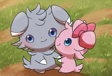 score_10, score_9_up, detail, source_furry, rating_safe, espurr, two espurrs, cute, feral, pokemon \(species\), chibi, 1boy1girl, a couple, equal, a couple of espurrs, a shiny espurr and a normal espurr, espurrs with gray fur and pink fur, girl with pink fur, boy with gray fur, pink fur with hair bow, female with hair bow, looking at another, eye contact, outdoor, daytime, smile