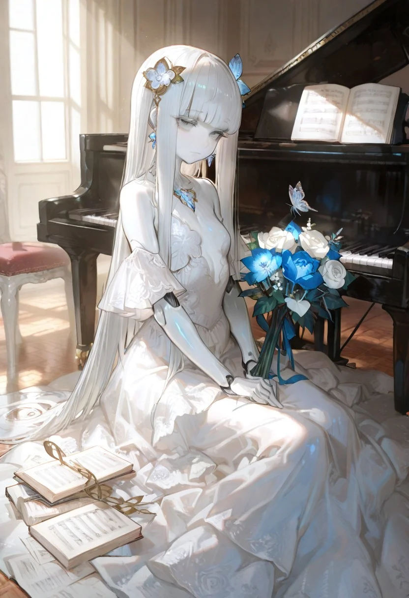 masterpiece, best quality, good quality, newest, highres, absurdres, volumetric lighting,gradient color,
BREAK
raytracing, volumetric lighting, ambient occlusion, girl, background, masterpiece, best quality, very awa, absurdres,
BREAK
(sexy, slutty, hot, aroused)
Automaton, colored skin, robot girl, (white_skin:2.0), joints, white hair, blue eyes,
long hair, metal_skin, no nipples, barcode,
BREAK
masterpiece,amazing quality,best quality,ultra-detailed,8K,illustration,CG,shiny hair,clear skin,ultra-detailed-eyes, background,cute girl, eyelashes
BREAK
hair_ornament, delicate dress, closed_mouth, jewelry, bare_shoulders, very_long_hair, sitting, full_body, white_hair, delicate flower, earrings, delicate frills, detached_sleeves, indoors, blunt_bangs, hair_flower, white_dress, grey_eyes, book, sleeveless_dress, rose, leaf, frilled_dress, white_flower, plant, instrument, butterfly, blue_flower, bouquet, long_dress, delicate wedding_dress, white_rose, holding_bouquet, piano, hands_on_lap, sheet_music, grand_piano, looking_at_viewer, bloom,light rays,