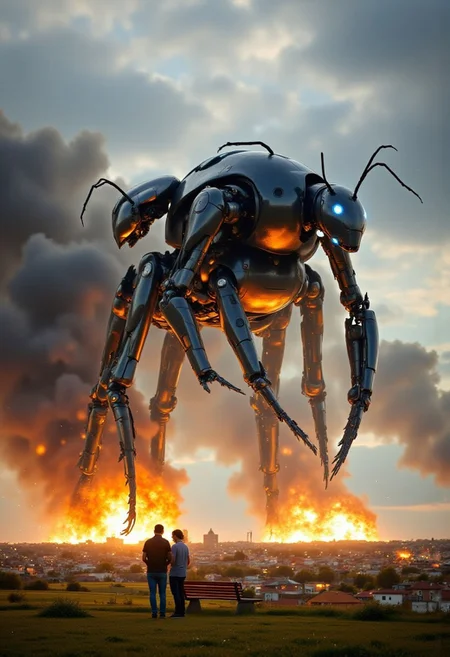 photoshoptcontest. a digitally manipulatd photograph, ultra-glossy fashion portrait with pristine chrome reflections and technological precision of an army of futuristic robotic war-ants towering over a small village. Destruction and explosions surround the scene, and lasers and glowing smoke are all around. Magical wonder and thrilling horror combine in this epic action shot and tragedy combined.