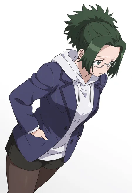 Smooth Quality,masterpiece,very intricate, high quality details, ultra realistic, high detailed skin,
simple background, white background, sad,
dutch angle,walking pose, one hand in pocket, head slightly turned, casual stride, confident aura, ,
solo,
<lora:Agari_Himiko_cnn:0.8> agarihimikocnn,1girl,green eyes, short hair,glasses, ponytail,green hair,
hoodie, ,blazer, ,stockings, ,