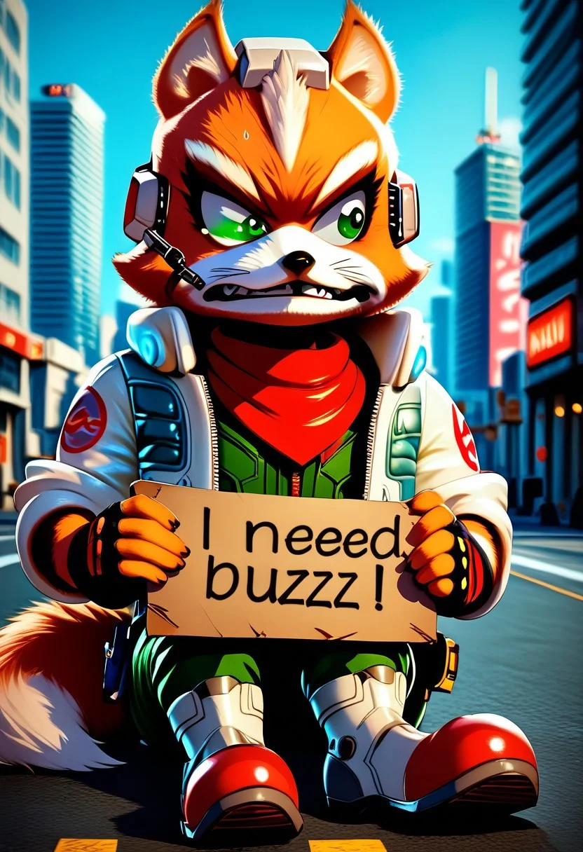 score_9, score_8_up, score_7_up, BREAK, solo,
1boy ((Fox McCloud, Fox, White-Jacket, Red Kerchief, Green Bodysuit, Fingerless Gloves, Belt, Headgear, Left-Scouter, Metal Boots, open eyes, looking away, clenched teeth, embarrassed, in futuristic city, sitting on road, holding sign"need_buzz_to_fly")), MegaFluffyPony, furry, fluffy, cityscape background, sunset