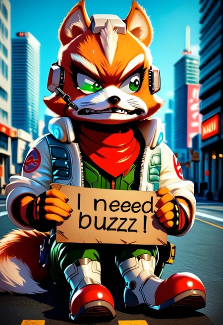score_9, score_8_up, score_7_up, BREAK, solo,
1boy ((Fox McCloud, Fox, White-Jacket, Red Kerchief, Green Bodysuit, Fingerless Gloves, Belt, Headgear, Left-Scouter, Metal Boots, open eyes, looking away, clenched teeth, embarrassed, in futuristic city, sitting on road, holding sign"need_buzz_to_fly")), MegaFluffyPony, furry, fluffy, cityscape background, sunset