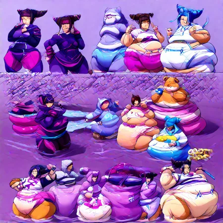 juri, juri han, street fighter, street fighter 6, felicia, darkstalkers, cat girl, blue hair, fat, female, diaper, puffy diaper, big diaper, waddle, huge diaper, chubby, onesie, massive diaper, confident, anime, anime artsyle, weight gain, fat legs, cheerful, friendly,