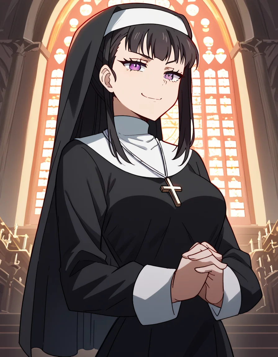 score_9, score_8_up, score_7_up, source_anime, <lora:maki-oze-s1s2-ponyxl-lora-nochekaiser:1>, maki oze, long hair, bangs, black hair, purple eyes, ponytail, medium breasts,, <lora:traditional-nun-ponyxl-lora-nochekaiser:1>, traditional nun, nun, habit, long sleeves, dress, black dress, jewelry, black veil, cross, cross necklace,, church, smug, praying,, , dutch angle, cowboy shot