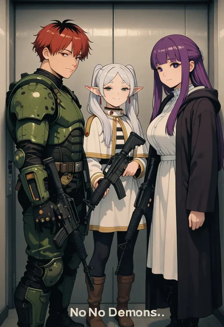English text ((("no Demons"))), 
BREAK,
elevator, holding weapon, assault rifle, 2 girls, 1 boy, smug, smile,
BREAK,
frieren, twintails, white hair, green eyes, small breasts,
BREAK,
Fern \(sousou no frieren\), purple eyes, purple hair, half updo, bangs, large breasts,
BREAK, 
Stark \(sousou no frieren\), Doomguy armor, tall, wearing doomguy armor,
masterpiece, best quality, good quality, very aesthetic, absurdres, newest, 8K, 
in the style of cksc, in the style of cknc, artist:moriimee, in the style of ck-rw