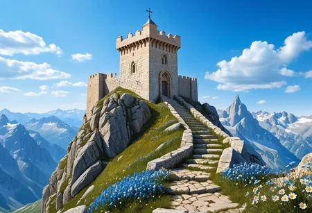 a crusader watchtower on a (tall rock spire), (13th Century:1.5), a stairway to the watchtower, gate, doorway, very wide shot, far out shot, fantasy, blue sky, alpine meadow flowers, best quality, masterpiece, realistic, photo-realistic, amazing, finely detail, ultra-detailed, highres, extremely detailed, 8k wallpaper