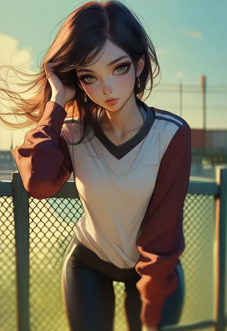 Score_9, score_8_up, score_7_up, score_6_up, score_5_up, score_4_up,1girl, casual outdoor style, sporty casual look, beautiful face, detailed anatomy, cinematic lighting, anime, beautiful girl, solo_focus, source_anime, cloudy sky, long sleeves, dynamic angle, runner sport outfit, fence, view through the fence looking at viewer, focus on fence, big long fence, from front, cinematic scene, she takes a deep breath, she behind the fence, full lips, long eyelashes, eyeshadow, eyeliner, mole under mouth, slim body, petite body, cute, earrings, nail polish, medium breasts, depth of field, wind, one hand on hair, semi-realism, VHS, sharpness, bum
