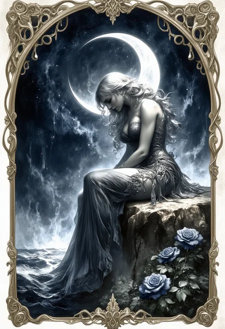 A haunting yet beautiful ArsMJStyle, Watercolor Portrait in Art nouveau style, major arcana Tarot card, centered on sorrow. At the card’s center, a sorrowful woman sits in a graceful, hunched position on the edge of a crescent moon, her long silver hair cascading over her shoulders like a waterfall of tears. Her gown, a delicate mix of deep blues and silver, pools around her like the night sky, blending into the background. Her head is bowed deep grief, her posture conveying intense sorrow and loss. The background is a starless, dark sky, with only the pale light of the crescent moon casting a soft glow over her figure. Below her, the sea is calm but dark, reflecting the moon’s light in ripples, symbolizing quiet, reflective sadness. The card’s border is adorned with twisted, delicate vines, where dark roses bloom—wilted but still beautiful. Subtle silver accents illuminate the edges, and tears seem to shimmer in the night, highlighting the contrast between beauty and melancholy. Perfect hand, Hand, Conceptual, Impressionistic