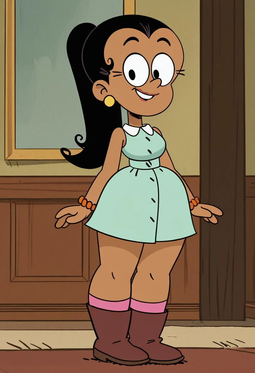 1girl, solo, carlota, brown skin, black hair, wide hips, light green sleeveless dress with buttons down the front, white collar, pink socks, brown boots, orange bracelets, yellow earrings, standing, looking at viewer, smiling, indoors