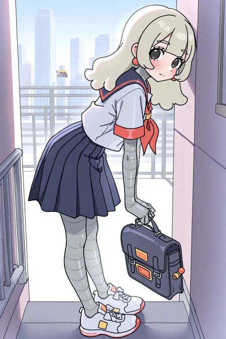 (masterpiece, best quality:1.2), amazing quality, very aesthetic, absurdres, perfect detail,
city, street, handrail, skyscraper, from side,
standing, looking back, light smile, blush, mcrobot, holding school bag,
solo, mcsetsuko, android, serafuku, short sleeves, red neckerchief, sneakers,
<lora:XL_Ill_mcdo-set500-t1:1.0>