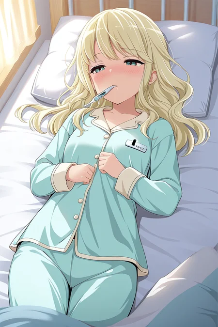masterpiece, best quality, amazing quality,
<lora:Shiori_IL:1> shiori, sick, 1girl, thermometer in mouth, solo, long hair, blonde hair, bed, lying, blush, on back, pillow, pajamas