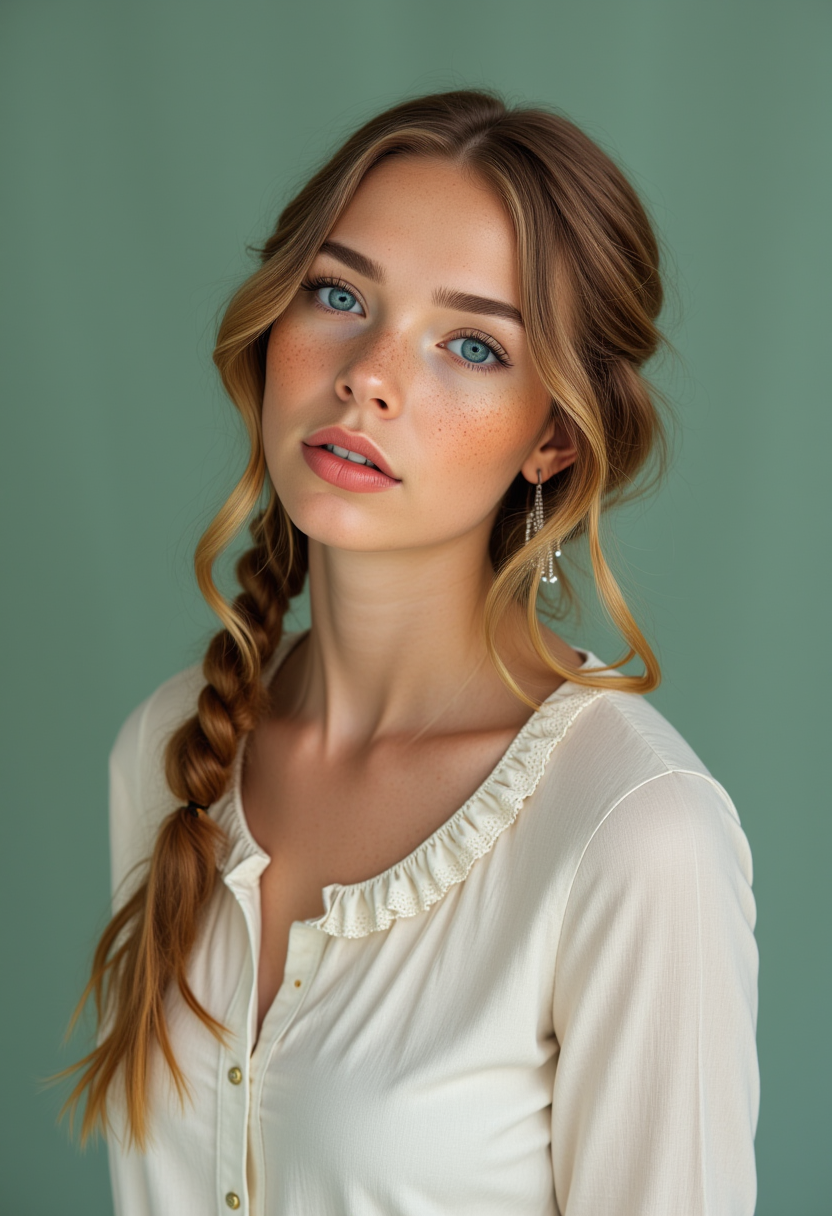 She is approximately 18 years old. Hyperrealism, she is looking at the camera, (dynamic angles), profile headshots of a beautiful, stunning unique female character.  she has braid hair. her eyes are blue and filled with joy and excitement, extravagant eyelashes, she has freckles. a photo of Anastasia, she is wearing a white frilly shirt. The woman is posing confidently. simple sage green colored background. She has a slight smile on her face and is looking directly at the camera. making this image a masterpiece of photography and digital art. realistic. making this image a masterpiece of photography and digital art. Style: realistic hyper-detailed rendering, 32k UHD, expressive eyes, punk, graphic design, girl's face, pretty and cute, gleaming lips, telling a tale of adventure. Exuding confidence and serenity. The overall mood of the image is happy and relaxed,detailed skin texture,(blush:0.2),(goosebumps:0.3),subsurface scattering,whimsical,Detailed hand, Perfect hand. Perfection style.