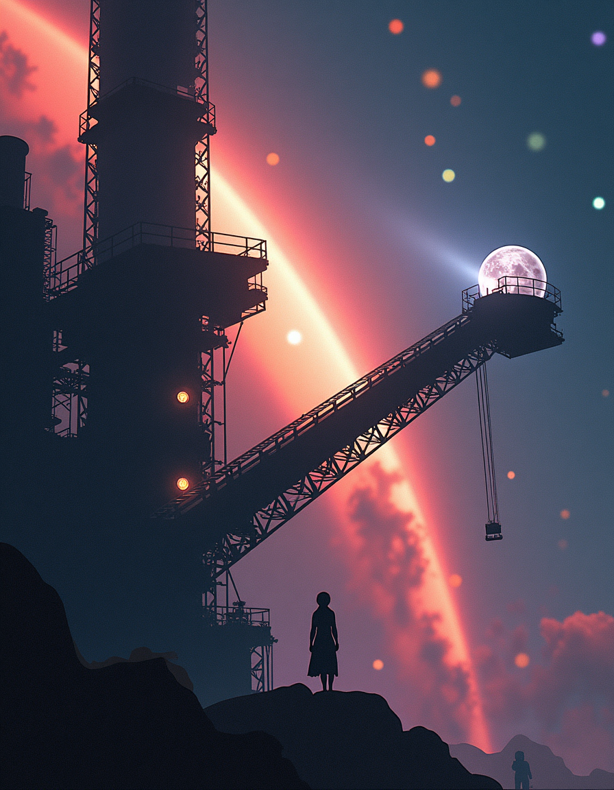 photography art by Lena Alexander and Lisa Keene, Digital Art, Cosmic harvest facility, colossal mechanical arms extending into space collecting energy from dying stars, intricate conveyor system transporting captured stellar phenomena like neutron stars and black holes, observation bubble precariously perched on the edge of a massive energy processing plant, planet-sized machinery silhouetted against the backdrop of a colorful nebula,, Conceptual art, digital manipulation, surreal atmospheres, thought-provoking themes, dreamlike compositions, animation art, concept art, whimsical, magical