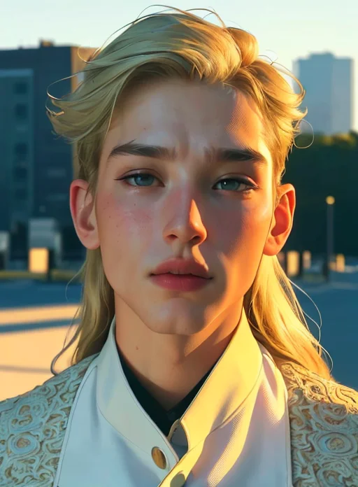 (8k, RAW photo, best quality, masterpiece:1), (realistic, photo-realistic:1), ultra-detailed, (high detailed skin:1), 8k uhd, dslr, soft lighting, high quality, film grain, blondboy, brutal men person, bottom view, low camera, chin up, looks into viewer, cityscape background <lora:PrettyBoy:0.1> <lora:BLONDBOY:1> <lora:samdoesartsSamYang_offsetRightFilesize:1>