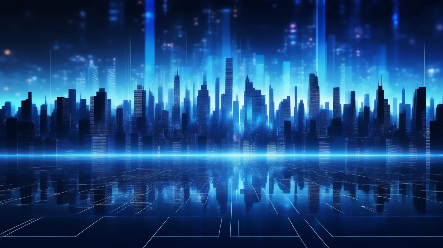 city silhouette, Minimalist, hologram, abstract, dark blue, technological , bright light, j_background