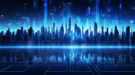 city silhouette, Minimalist, hologram, abstract, dark blue, technological , bright light, j_background