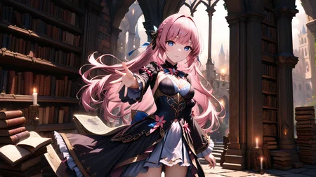 dynamic angle,<lora:hakaseayaka-base-02-XL:0.6>,hakaseayaka,braided hair,bangs,high detailed,ultra-detailed,a magical girl wearing a red and black robe,with pink long hair and blue eyes,((reaching)),searching for books inside a vast,dark,ancient castle library,8k,towering bookshelves filled with old,dusty tomes,dim candlelight casting flickering shadows,glowing magical runes floating in the air,mysterious mist creeping along the stone floor,gothic arches,enchanted atmosphere,focused expression,scattered ancient scrolls,faint glimmers of light reflecting off metallic book spinesCinematic Lighting,((masterpiece)),((best quality)),absurdres,<lora:detailed_notrigger:1>,<lora:xl_more_art-full_v1:0.8>,