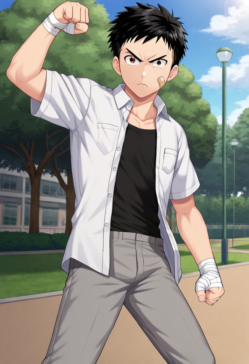 harmard, black hair, short hair, brown eyes, 1boy, solo, solo focus, wear white shirt, unbuttoned shirt, chest pocket, black t-shirt, grey pants, plaster on cheek, bandage on hands, at park, outdoor, fight pose, furious expression