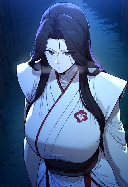 score_9, score_8_up, score_7_up, score_6_up, source_anime, rating_explicit, <lora:neg4all_bdsqlsz_V3.5:2.0>1girl, (solo:1.1), huge breasts, <lora:YuiSeolponyxl:1> long hair, black hair, purple eyes, japanese clothes, white kimono, turtleneck, long sleeves, long skirt, expressionless, Narrow shoulders, heavy breathing, steaming body, night, forest, outdoors, looking at viewer