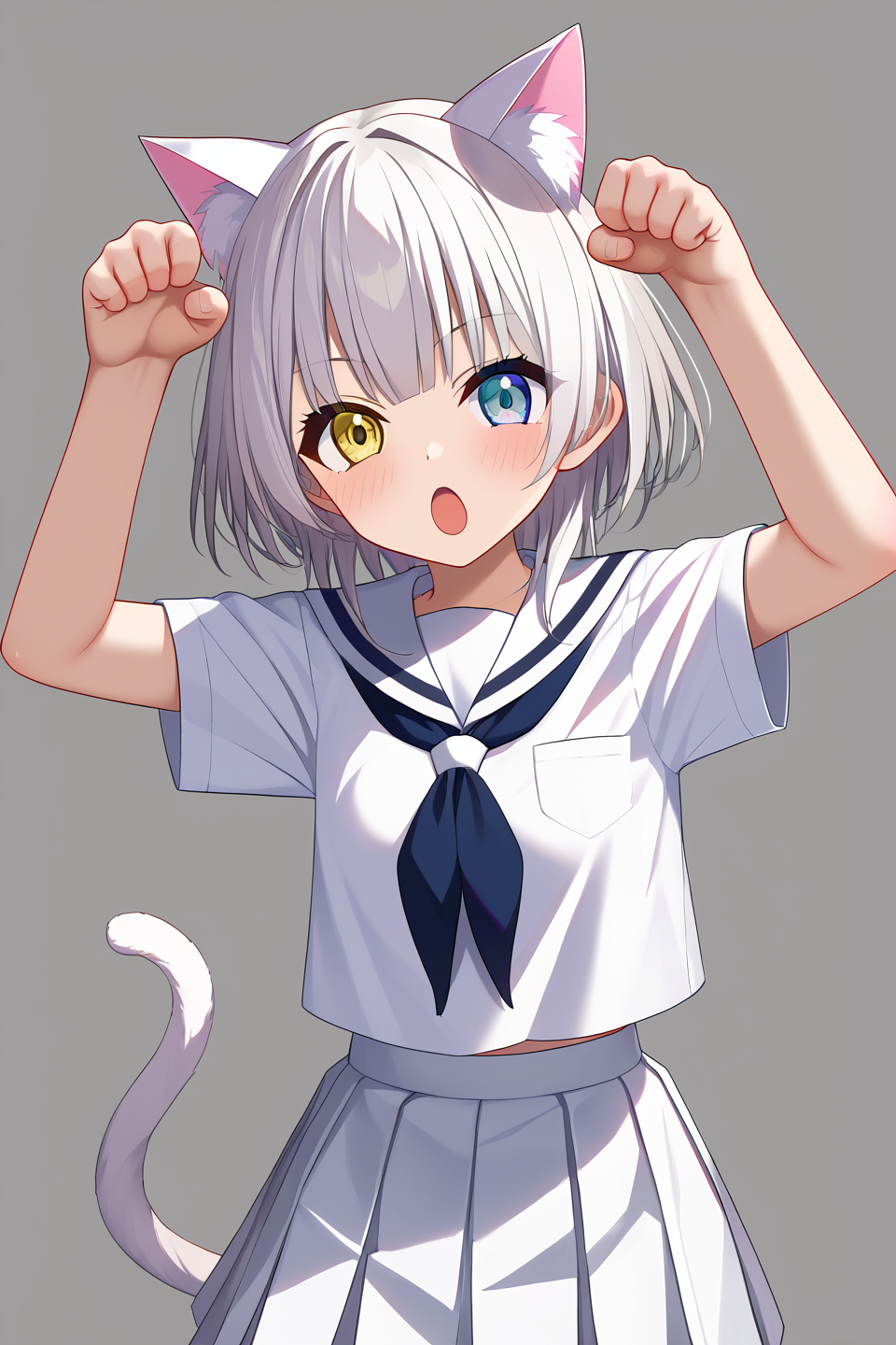 1girl, solo, kaname rana, <lora:kaname_rana_PonyXL-02:1.2>, white hair, short hair, heterochromia, yellow eyes, blue eyes, cat ears, cat tail, paw pose, cowboy shot, simple background, grey background, aged up, school uniform, serafuku, white shirt, white sailor collar, white skirt, pleated skirt, white ears, white tail,, best quality, masterpiece, highres,