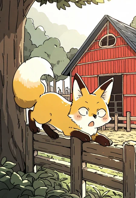 (masterpiece, best quality, high quality, highres), very awa, highres, absurdres,
chii-kun \(seedyoulater\), (naguru \(cyoroama\):0.8), (fuamusea:0.8), makoto shinkai, 
(fox:1.2), (no humans:1.1), paws, fur, (cute:1.2), comfy, solo, 
surprised, silly, OO,
climbing fence garden, barn, tree, day, sunlight, sun rays, beautiful background,