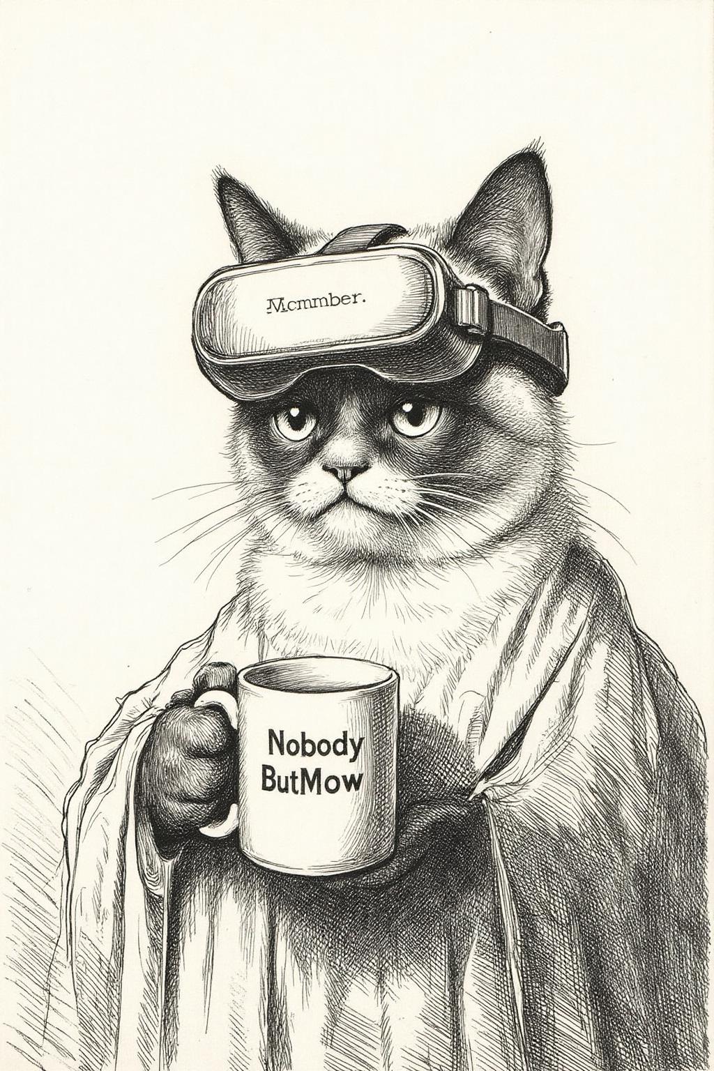 rember1 etching.  
Grumpy Cat holding a coffee mug, wearing a VR Headset. The mug has the phrase "NobodyButMeow" printed
  <lora:rembr_etch4_cap_d6a3e11:1.0><lora:810570649568510165:0>