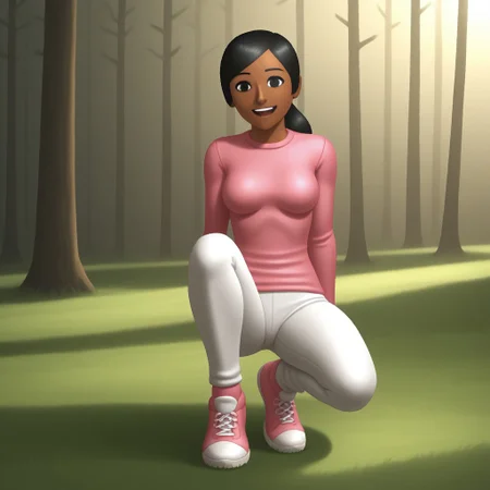score_9, score_8, BREAK, solo, wii, mii, wii sports, 1girl, female mii, black eyes, black hair, black eyebrows, dark skin, open mouth, pink clothing, white pants, sneakers, nintendo mii, modern_mii, classic_mii, breasts, sakura_(wii_sports), cute, sexy pose, smile, outdoors, sunlight, shadows, evening lighting, natural lighting, forest, trees, grass, orange sky, sunset