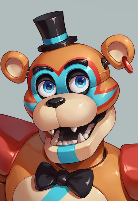 score_9, score_8_up, score_7_up, score_6_up, portrait, FNAF, glamrockfreddy, orange fur, blue eyes, top hat, earring, open mouth, looking at viewer, masterpiece, best quality, 32k <lora:GlamrockFreddyPony:0.9>