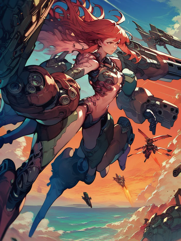 score_9,score_8_up,score_7_up,source_anime,1girl,upper body,<lora:bioexoskeleton:1>,exoskeleton,flying,sky,red hair,shooting,arm cannon,long hair,
