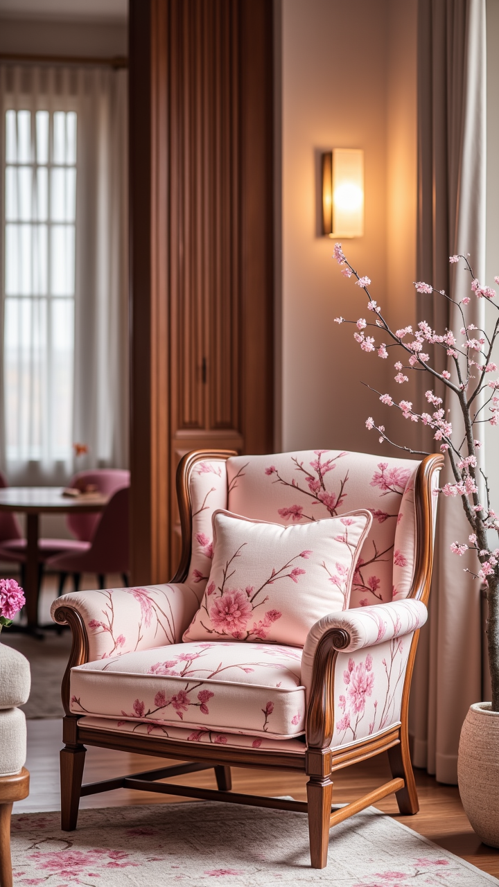 A cozy armchair, adorned with Aesthetically Pleasing floral patterns and cherry blossom pink colors, sits in the corner of a spacious living room. The Armchair is made of Maroon wood, and the headband is Silky to the back. Cold Lighting, aidmaMJ6.1