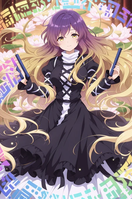 absurdres, highres, masterpiece, best quality, amazing quality, official anime artwork, screencap, anime screencap, looking at viewer, light smile,
<lora:Byakuren-Hijiri_Illustrious:1> hijiri byakuren, 1girl, solo, yellow eyes, purple hair, long hair, multicolored hair, gradient hair, breasts,, layered dress, white dress, black dress, cross-laced clothes, long sleeves, puffy sleeves, black cape, black footwear,
light particles, lotus, white lotus, dynamic pose, floating hair, sorcerer's sutra scroll,